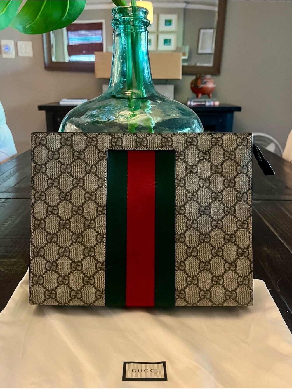 Gucci Toiletry Pouch in Beige GG Canvas with Green & Red Web Stripe